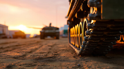 Naklejka premium Military tank moving on dusty terrain at sunset representing power, defense and armed forces.