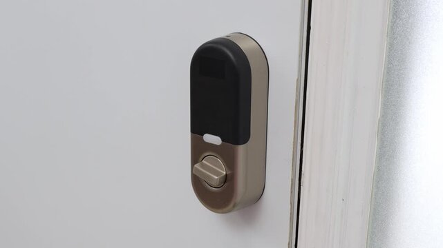 Smart door lock mechanism shown in three frames, highlighting the design and functionality of a modern security feature on a white door
