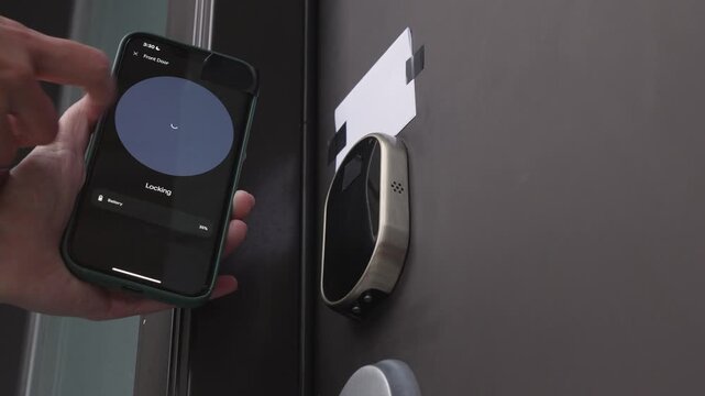 Hand holding smartphone near smart lock on door, displaying unlocking process with visible loading animation and secure interface elements