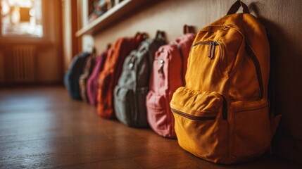 Obraz premium School backpacks arranged on wooden floor in classroom with warm light