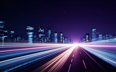 Fototapeta premium Night cityscape with vibrant light trails on a highway leading toward