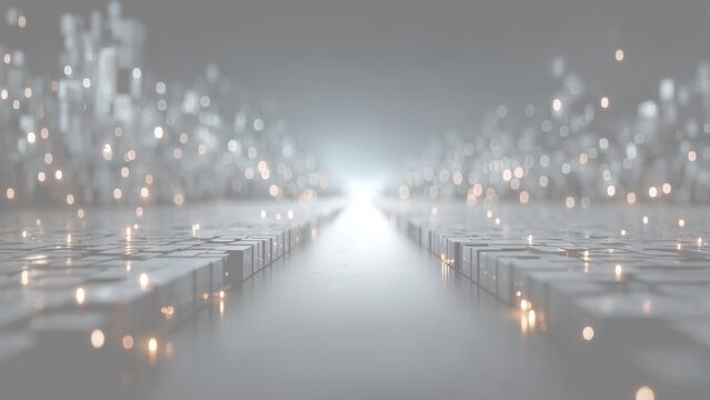 浮かぶキューブの間を抜ける未来的な通路