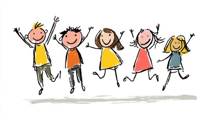 Fototapeta premium Children jump and smile together in a colorful doodle style during a fun school activity on a bright day