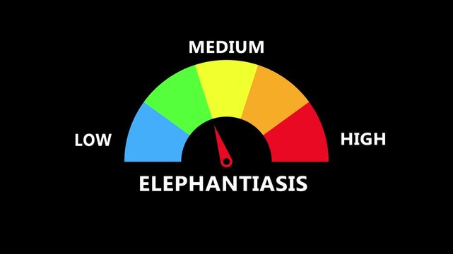 Elephantiasis severity gauge on dark interface with colorful arc spectrum and needle indicator representing lymphatic condition level from low to high in digital healthcare monitoring dashboard