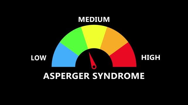 Asperger syndrome indicator on dark interface with vibrant arc spectrum and central needle visualizing neurodevelopment condition level from low to high in digital healthcare monitoring dashboard