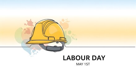 Fototapeta premium Yellow Hard Hat with Splash of Colors and Labour Day Text