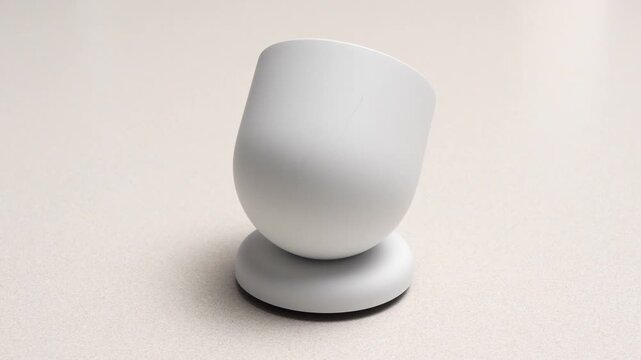 White ceramic cup tilting on a round base, showcasing a gradual shift in position on a smooth, light-colored surface in a well-lit environment
