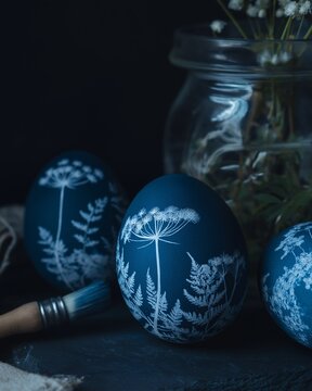 Huevos de Pascua artesanales con impresi&oacute;n solar y texturas org&aacute;nicas. Cianotipia bot&aacute;nica en azul prusia con imagenes de hojas, plantas y helechos