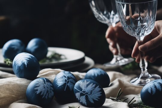 Celebraci&oacute;n de Pascua "Slow Living": Brindis entre amigos y arte azul. mesa con mantel de lino, platos y copas, decorada con huevos artesanales azul prusia