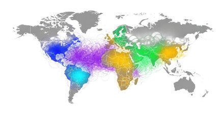 A colorful world map with vibrant network connections on transparent background