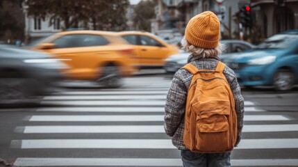 Young schoolboy waits to cross street safely while cars drive by in urban setting near his school during morning hours