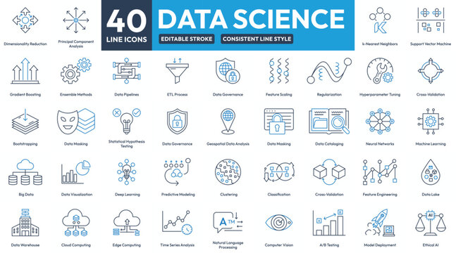 Data Science Icon Set, 40 Editable Stroke Line Icons for Data Science, Machine Learning, AI, Consistent Line Style
