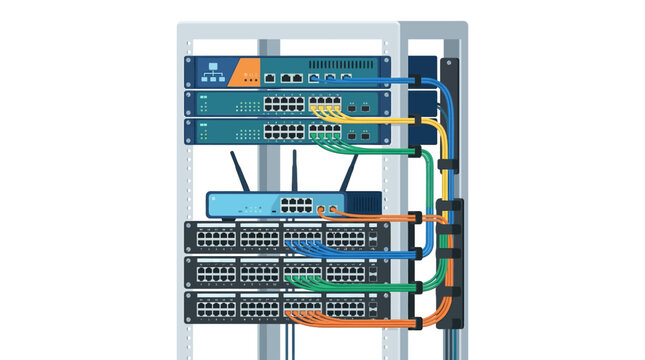 Server rack with network equipment and cables, a visual representation of data connectivity and digital infrastructure