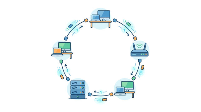 Computer network diagram illustrating connected devices and data flow in a circular topology