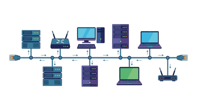 Modern network diagram illustrating a connected system of computers, servers, and routers with clear pathways