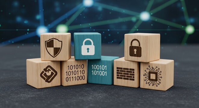 Wooden blocks with security and technology symbols placed on a digital background