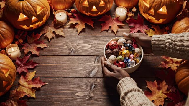 Hands place a bowl of wrapped chocolate candies on a wooden table decorated with glowing carved pumpkins and autumn leaves.