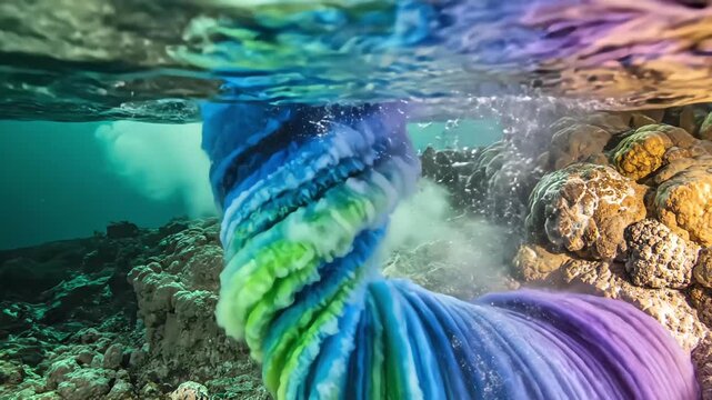 Surreal underwater volcanic eruption transforming into a colorful twisting smoke spiral beneath the ocean surface