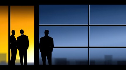 Fototapeta premium Visionary Conversations: Three individuals in silhouette, engaged in deep discussion by a large window overlooking a cityscape.