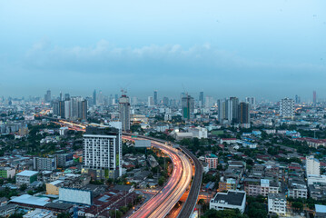 City twilight Amazing cityscape light. Panorama view of Bangkok city skyline night time sunset sky. Beautiful skyscraper midtown landscape. Capital building background modern office district