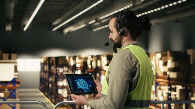 Adult man operating AI-powered technology on tablet with headset, managing clients calls for package tracking info. Staff ensuring order fulfillment with artificial intelligence, high tech tools.