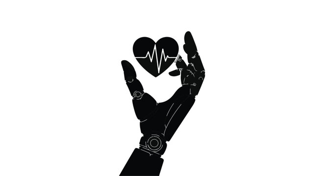 robotic hand holding heart with ecg line