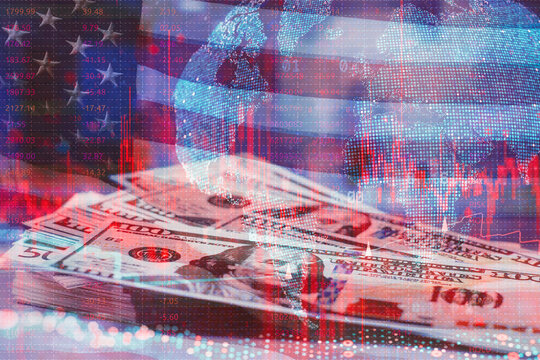 Dollar banknotes with overlaid candlestick charts, red and green price bars, line graphs, world map and American flag. Digital visualization of global financial markets and trading activity.