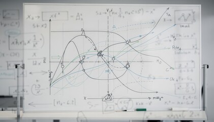 Whiteboard featuring a detailed interest rate swap model primary graph in sharp focus surrounded by diffuse supporting formulas and annotations.