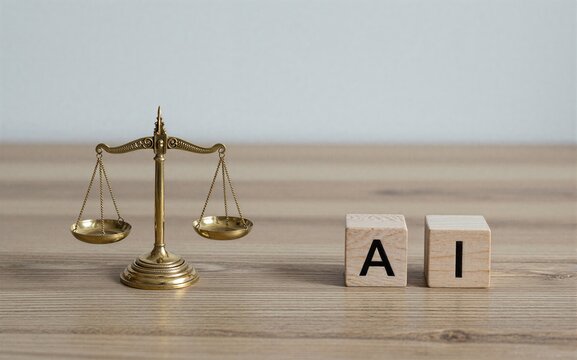 Golden scale beside wooden blocks spelling 'IA' symbolizing justice