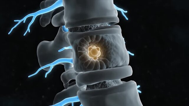 CGI Visualization of Spinal Column with Degenerated Intervertebral Disc and Nerve Compression for Educational Medical Presentations and Healthcare Awareness Campaigns against a Dark Background