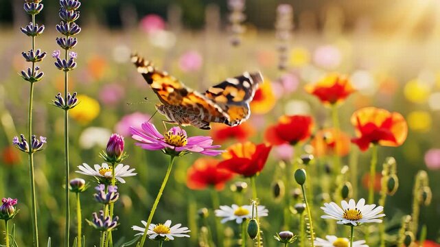 Butterfly on flower in a vibrant meadow garden, close-up, soft focus sunset light