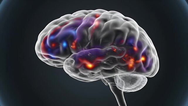 Clean CGI Depiction of PET Scan Style Brain Activity Highlighting Areas of Decrease and Increase in Neural Function Suitable for Educational and Research Presentations