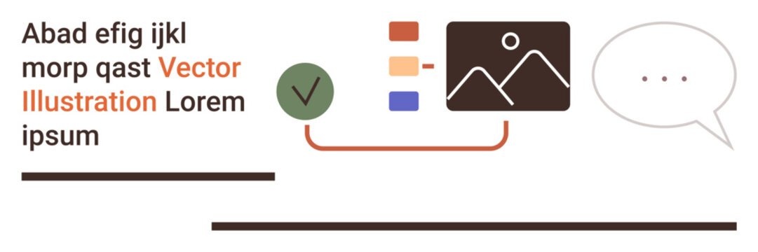 Data presentation, digital communication, workflow processes, content creation, organization tools, graphic design. Icons include a check mark, image box and speech bubble. Data presentation