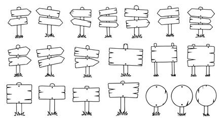 Hand Drawn Rustic Wooden Direction Signs and Boards Vector Set © Stock Master 