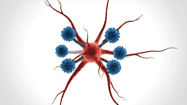 Close up 3D animation of a human neuron with electrical impulses firing along dendrites and axon on a white bright background symbolizing neural activity and brain function