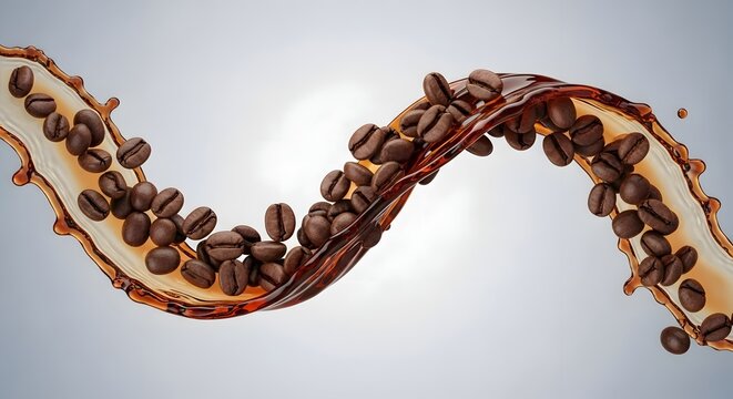 Gelombang meliuk cairan kopi melayang dengan biji kopi di dalamnya pada latar belakang abu-abu terang