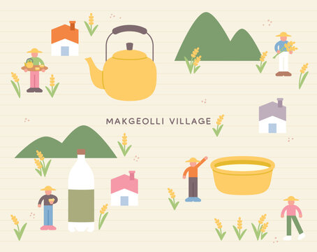 A village where makgeolli is made. A sentimental painting in pastel tones. Cute character with a round face, featuring a design and geometric shape.