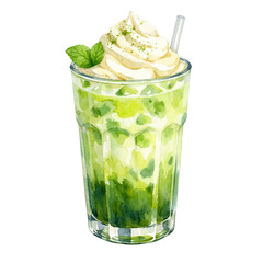 A watercolor iced matcha latte in a clear glass, featuring vibrant green matcha tea with ice, whipped cream topping, and fresh mint garnish, isolated on a transparent background. © liana