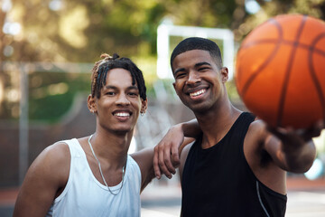 Happy, portrait or men on basketball court with ball, fitness hobby or teamwork in weekend match. Bokeh, collaboration or people with roundball, hoop competition or training support in New York. © peopleimages.com