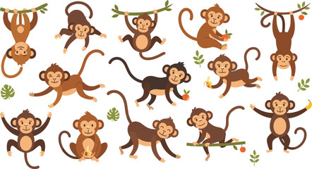 Cute monkey character set with various poses including hanging from branches holding bananas and sitting for jungle wildlife nature zoo and children design projects © Hosneara