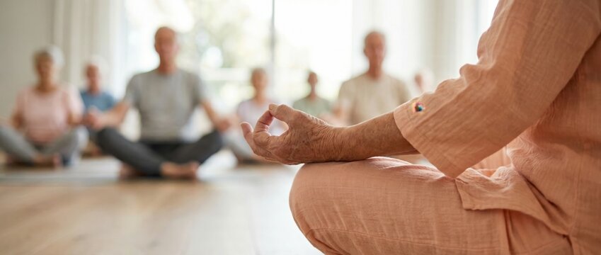 Close-up of senior hand in meditation mudra. Blurred background of an elderly group sitting in a circle during a mindfulness class in a bright wellness studio. Active retirement community concept