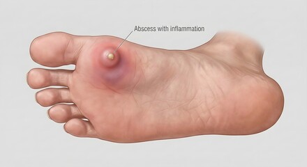 Obraz premium Detailed medical illustration depicting a human foot afflicted by a painful inflammatory lesion, showcasing a prominent swollen and red area with a central pus-filled lump on its sole
