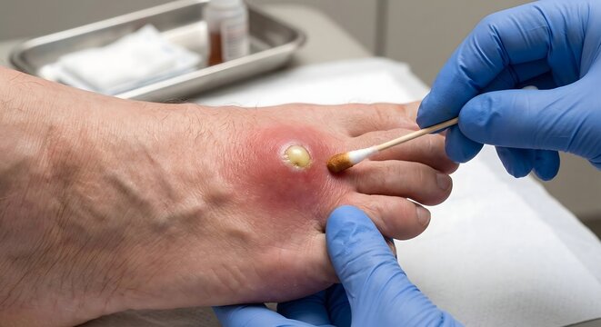 Close-up of a Medical Professional Treating a Foot Abscess Skin Infection and Wound Care Management