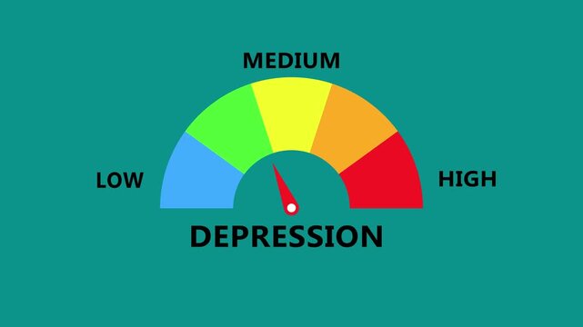Depression level gauge on teal interface with multicolor semicircle spectrum and needle indicator representing emotional state intensity from low to high in modern digital mental health dashboard