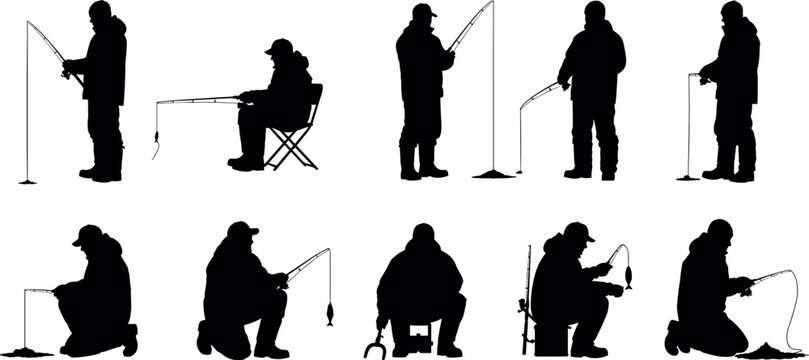 Set of Winter Ice Fishing Silhouettes Featuring Fishermen in Warm Clothing with Rods and Equipment Isolated on White Background