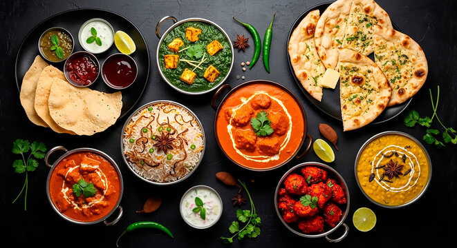 Indian food dinner serving multiple traditional curry meals