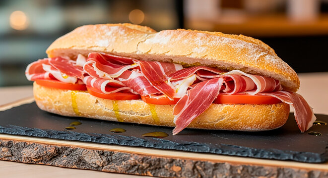 Traditional spanish serrano ham bocadillo with fresh tomato