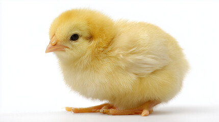 Obraz premium Adorable tiny yellow baby chick standing alone against a clean white background, showcasing soft downy feathers and delicate features, ideal for Easter, spring, and poultry farming concepts