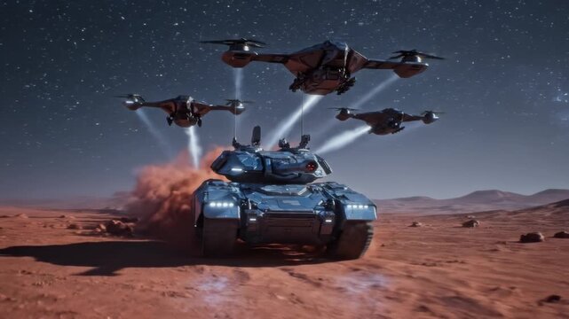 Tracking shot of futuristic tank and drones navigating alien terrain - 3D Animation