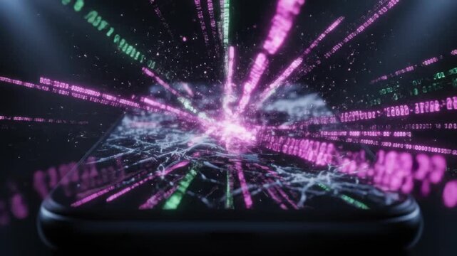 Static shot of digital data bursting from cracked smartphone screen - 3D Animation